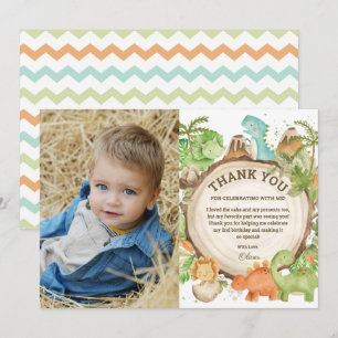 Chic Dinosaur Boy Birthday Greenery Chevron Photo Thank You Card