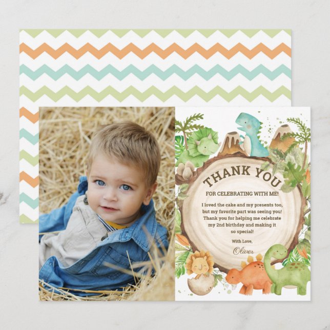 Chic Dinosaur Boy Birthday Greenery Chevron Photo Thank You Card (Front/Back)