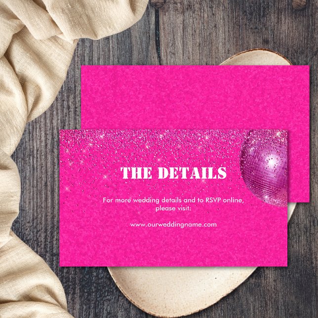 Chic Disco Balls Hot Pink Wedding Details Website Enclosure Card (Front and Back)