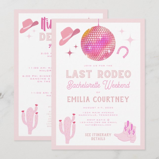 Chic Disco Cowgirl Last Rodeo Bachelorette Weekend Invitation (Front/Back)