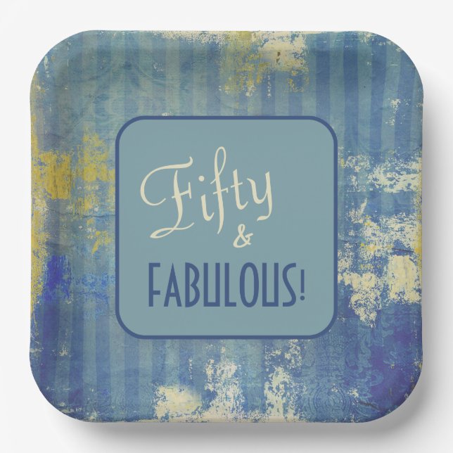 Chic Distressed Denim Pattern Fifty & FABULOUS Paper Plate (Front)
