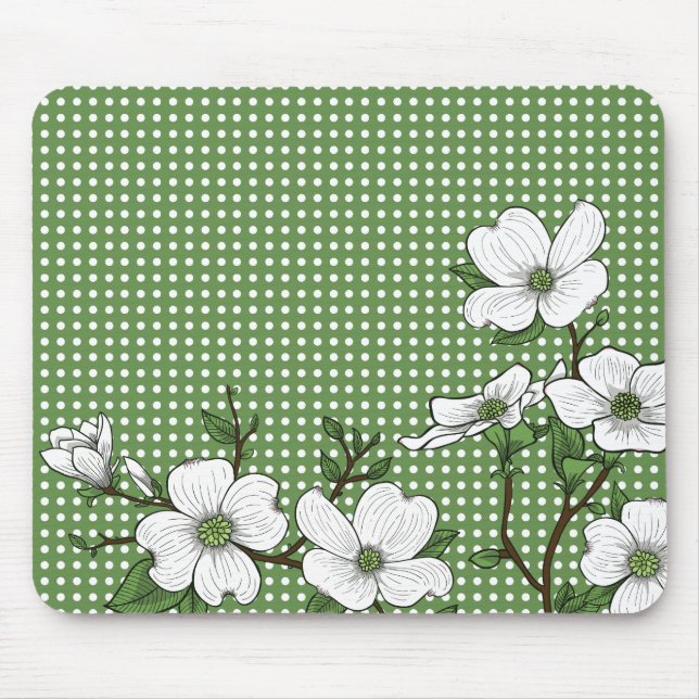 Chic Dogwood Blossoms & Polka Dots Mouse Pad (Front)