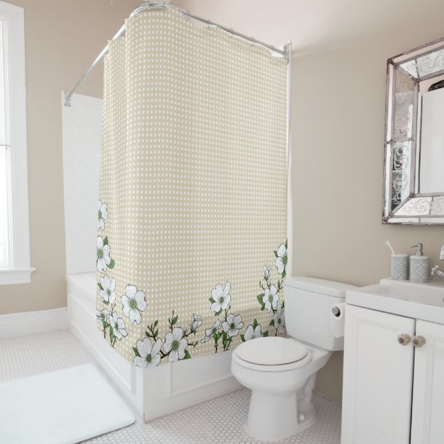Chic Dogwood Blossoms & Polka Dots Shower Curtain (In Situ)
