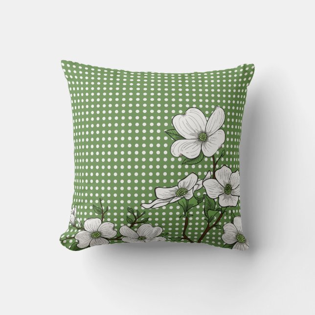 Chic Dogwood Blossoms & Polka Dots Throw Pillow (Front)