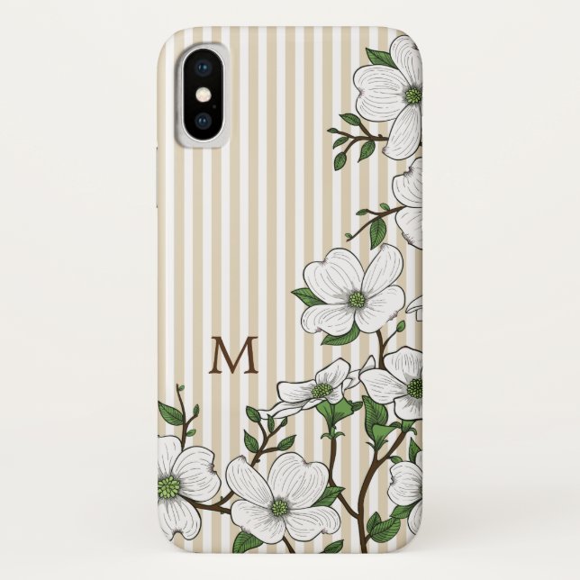 Chic Dogwood Blossoms & Stripes Monogram Case-Mate iPhone Case (Back)