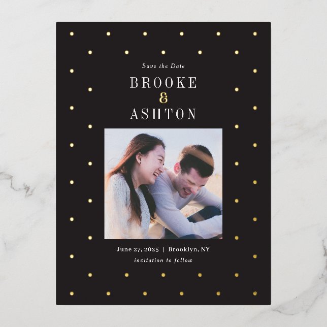 Chic Dots FOIL Wedding Save The Date Postcard (Front)