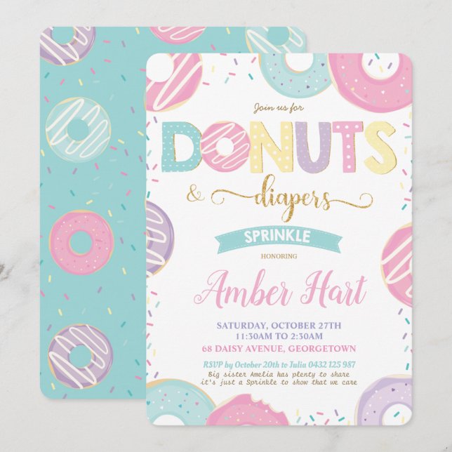 Chic Doughnuts and Diapers Baby Shower Gold Girl   Invitation (Front/Back)