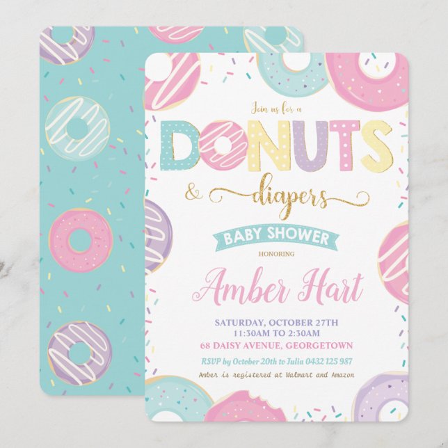 Chic Doughnuts and Diapers Baby Shower Gold Girl  Invitation (Front/Back)
