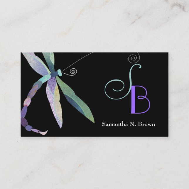 Chic Dragonfly Monogram Custom Business Card (Front)