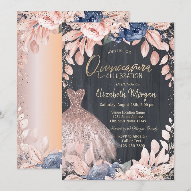 Chic Dress,Blue Flowers, Rose Gold Quinceanera  Invitation (Front/Back)