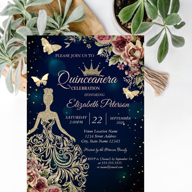 Chic Dress,Butterfly Floral Stars Blue Quinceañera Invitation (Creator Uploaded)