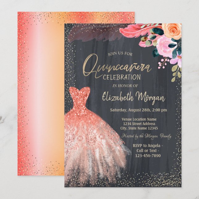 Chic Dress,Flowers Feather Quinceanera Invitation (Front/Back)