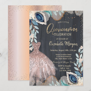 Chic Dress,Flowers, Rose Gold Quinceanera Invitation