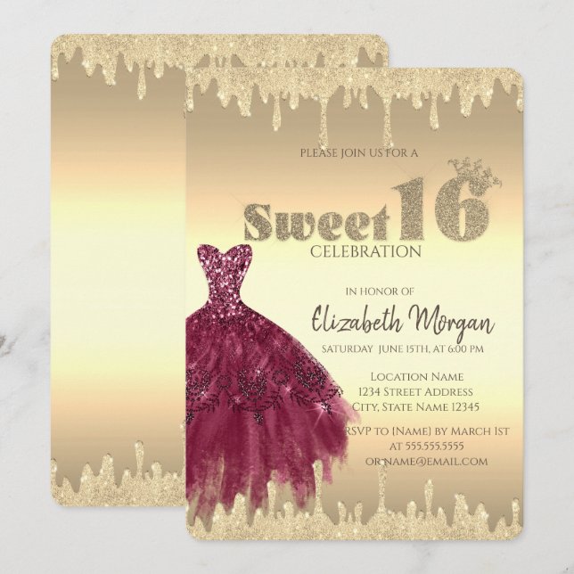 Chic Dress,Glitter Drips Gold Sweet 16 Invitation (Front/Back)