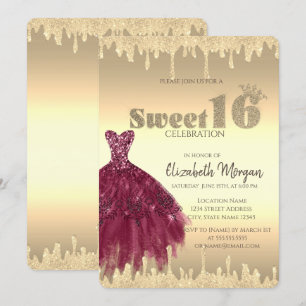 Chic Dress,Glitter Drips Gold Sweet 16 Invitation