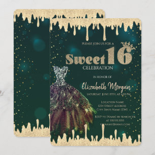 Chic Dress,Glitter Drips Green Sweet 16 Invitation