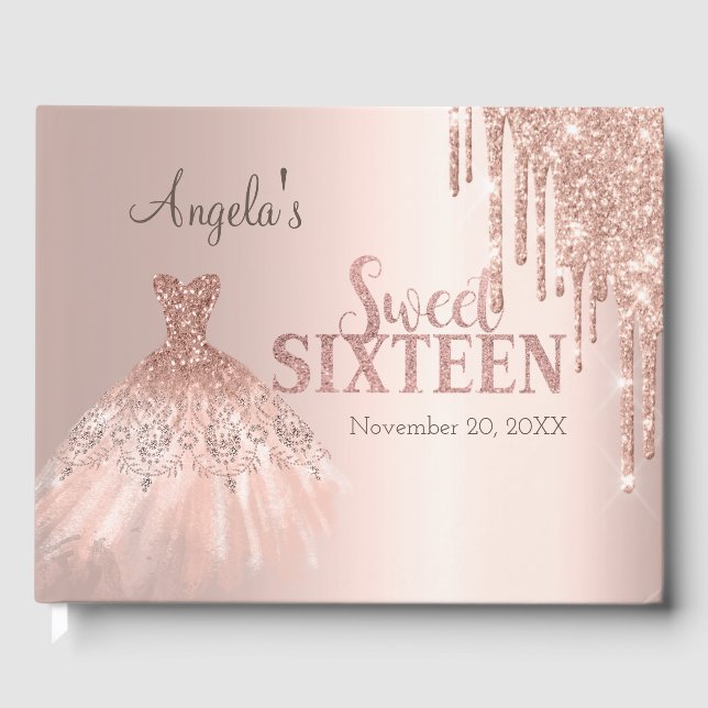 Chic Dress Glitter Drips Rose Gold Sweet 16  Guest Book (Front)