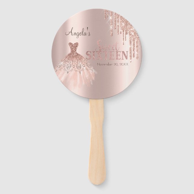 Chic Dress Glitter Drips Rose Gold Sweet 16  Hand Fan (Front)