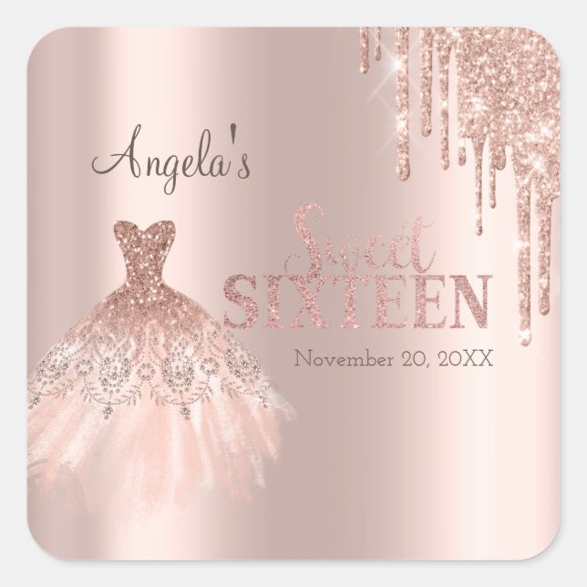 Chic Dress Glitter Drips Rose Gold Sweet 16   Square Sticker (Front)