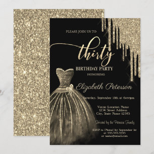 Chic Dress,Gold Glitter Drips 30th Birthday Invitation
