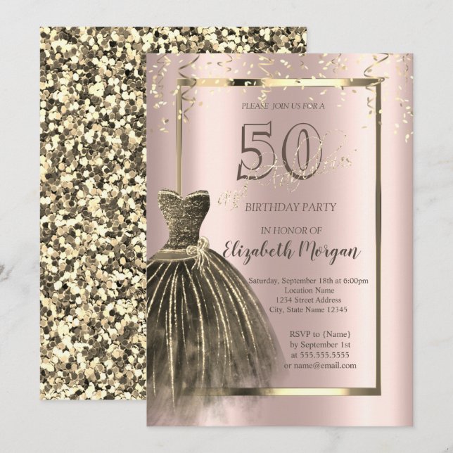 Chic Dress Gold Sequins Rose Gold 50th Birthday  Invitation (Front/Back)