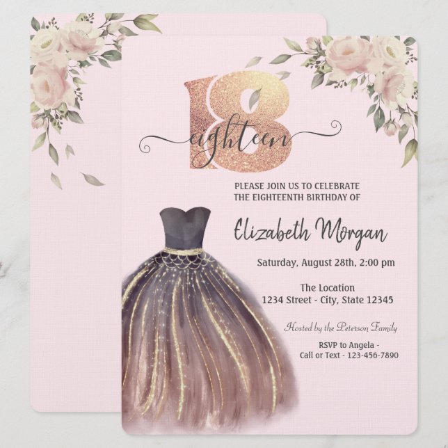  Chic Dress Pink Flowers 18th Birthday  Invitation (Front/Back)