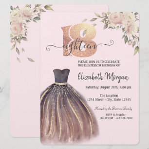 Chic Dress Pink Flowers 18th Birthday Invitation