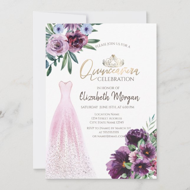 Chic Dress,Purple Flowers Quinceañera  Invitation (Front)
