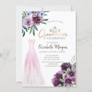 Chic Dress,Purple Flowers Quinceañera  Invitation