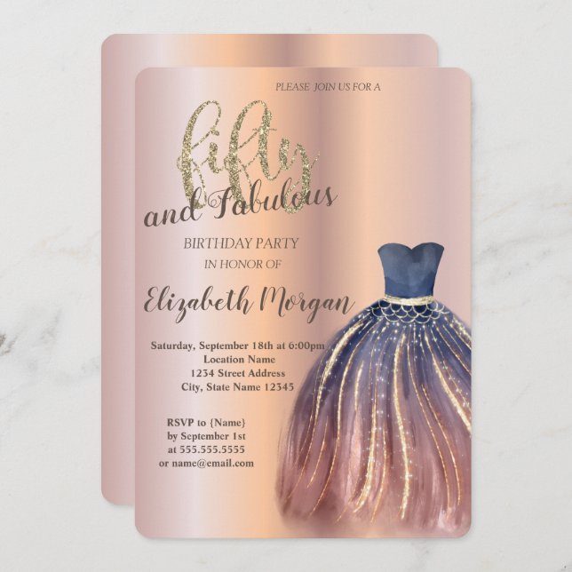Chic Dress, Rose Gold 50th Birthday Party  Invitation (Front/Back)