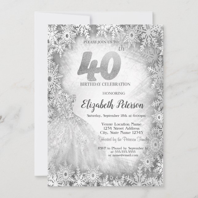 Chic Dress Snowflakes Winter 40th Birthday Invitation (Front)