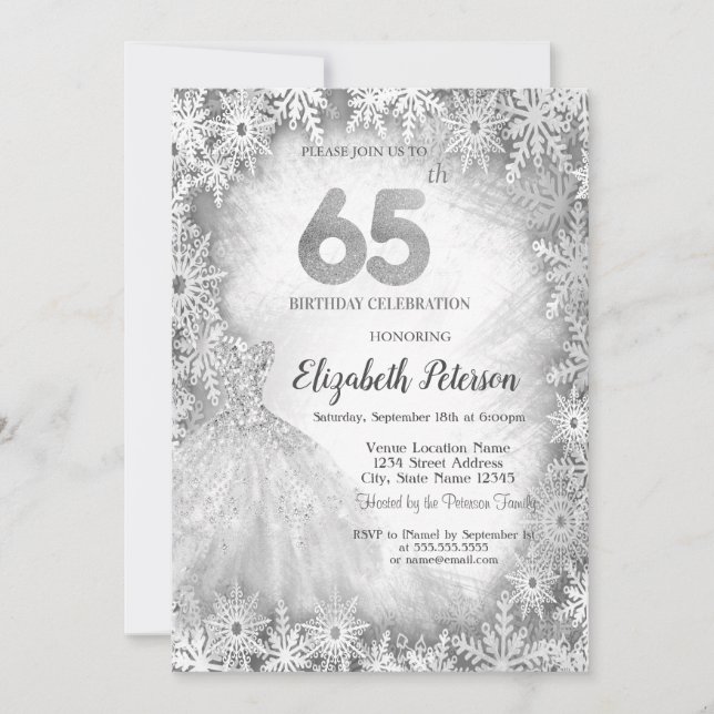 Chic Dress Snowflakes Winter 65th Birthday Invitation (Front)
