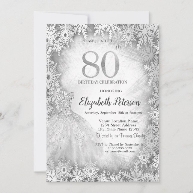 Chic Dress Snowflakes Winter 80th Birthday Invitation (Front)