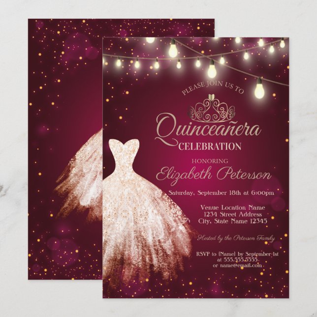 Chic Dress,Tiara Burgundy Quinceañera  Invitation (Front/Back)