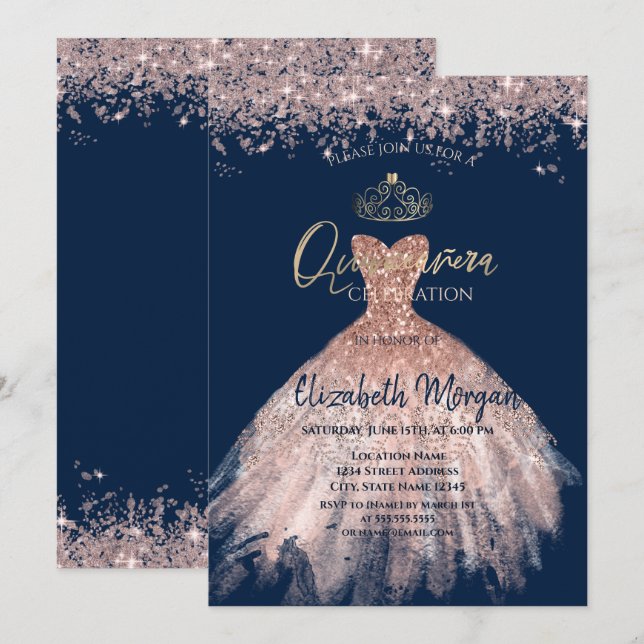 Chic Dress Tiara,Diamonds Blue Quinceañera Invitation (Front/Back)