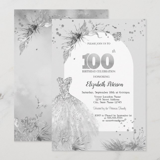 Chic Dress Winter Grey 100th Birthday  Invitation (Front/Back)