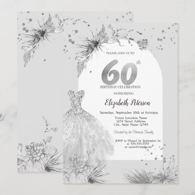 Chic Dress Winter Grey 60th Birthday  Invitation (Front/Back)