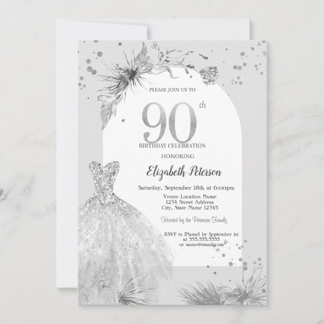 Chic Dress Winter Grey 90th Birthday Invitation (Front)