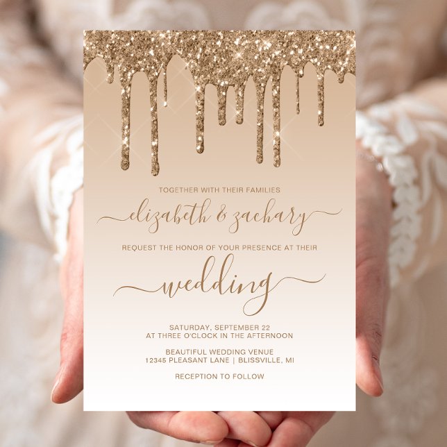 Chic Dripping Glitter Gold Wedding Invitation (Creator Uploaded)