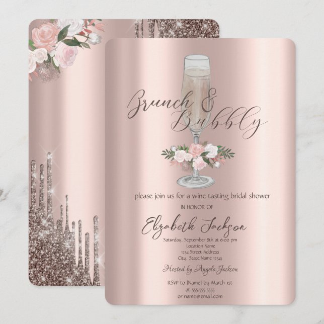 Chic Drips,Glass,Roses Brunch & Bubbly Invitation (Front/Back)