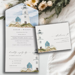 Chic Dusky Aqua Blue Lighthouse Mountain Wedding All In One Invitation