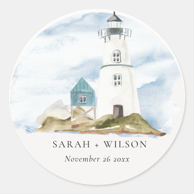 Chic Dusky Aqua Blue Lighthouse Mountain Wedding Classic Round Sticker (Front)