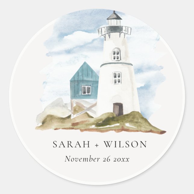 Chic Dusky Aqua Blue Lighthouse Mountain Wedding Classic Round Sticker (Front)