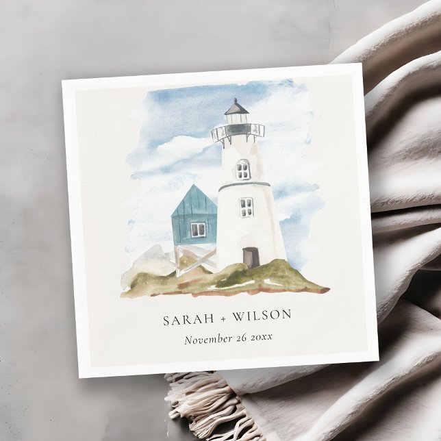 Chic Dusky Aqua Blue Lighthouse Mountain Wedding Napkin (Creator Uploaded)