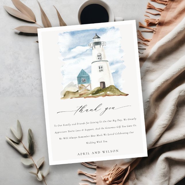 Chic Dusky Aqua Blue Lighthouse Mountain Wedding Thank You Card (Creator Uploaded)