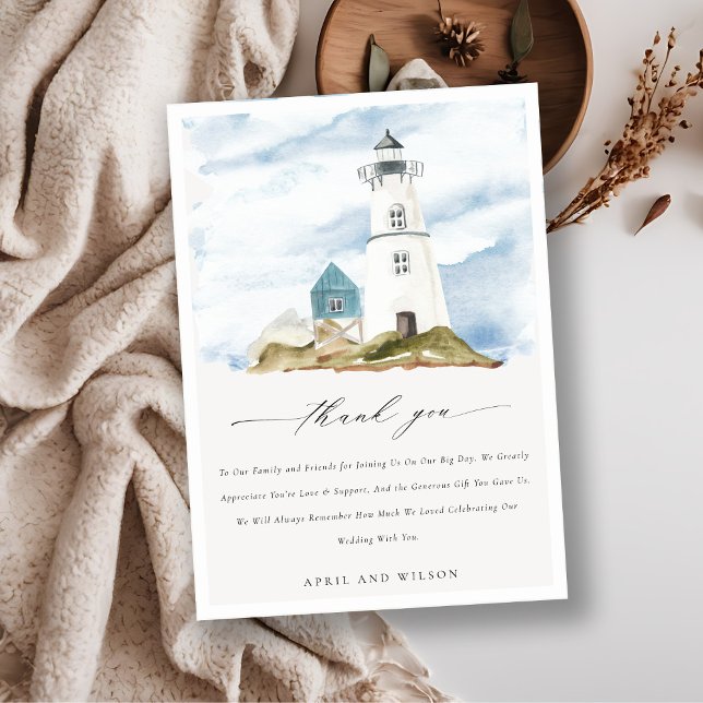 Chic Dusky Aqua Blue Lighthouse Mountain Wedding Thank You Card (Creator Uploaded)
