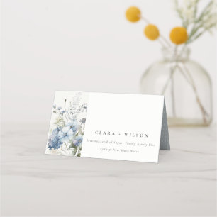 Chic Dusky Blue Cottage Watercolor Floral Wedding Place Card