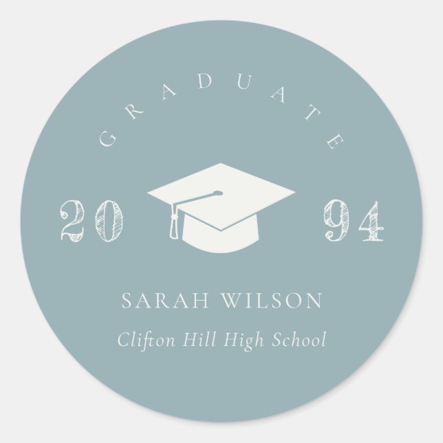 Chic Dusky Blue Grey Minimal Simple Graduation Classic Round Sticker (Front)