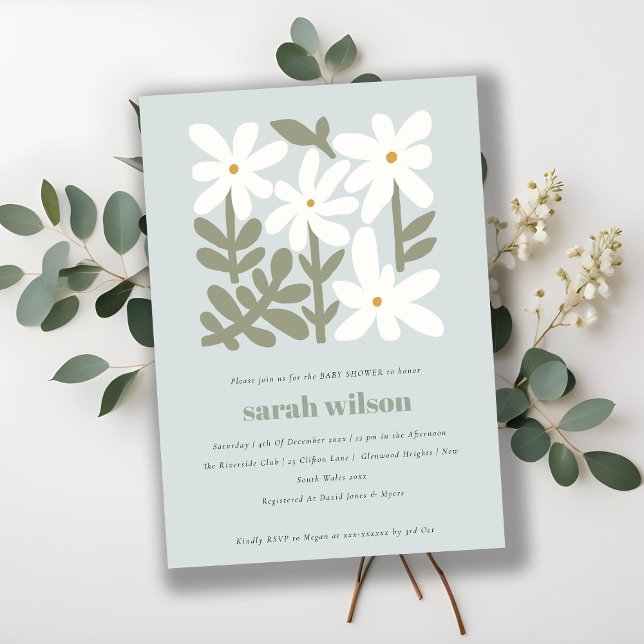 Chic Dusky Blue Retro Minimal Floral Baby Shower Invitation (Creator Uploaded)