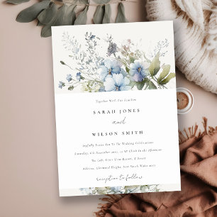 Chic Dusky Blue Watercolor Cottage Floral Wedding Invitation